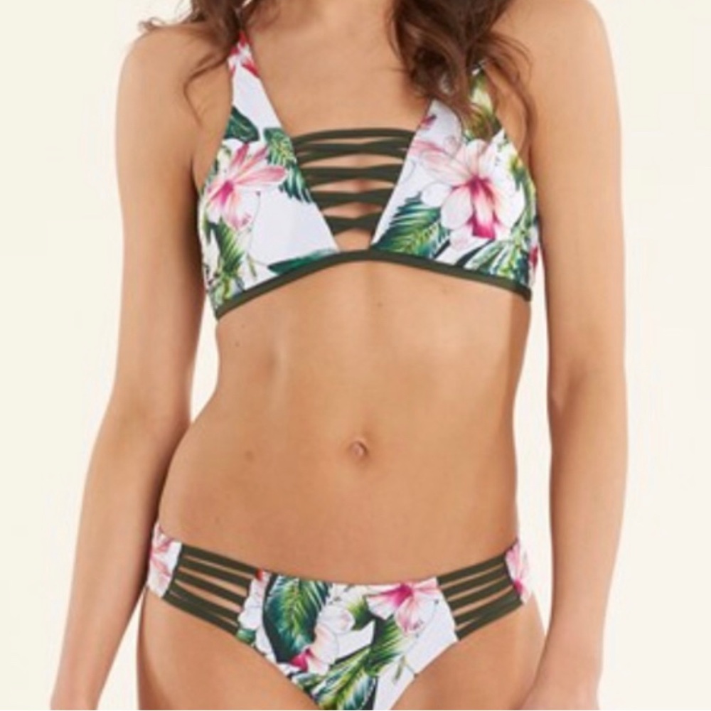 Reversible palm tree strappy bikini swimsuit M